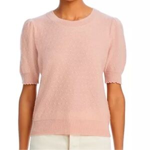 FRAME Pointelle Puff Sleeves Sweater Top in Peony Pink. 100% Cashmere.